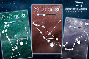 Tres tarjetas con constelaciones diseñadas con líneas y puntos brillantes, sobre un fondo estrellado