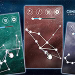 Tres tarjetas con constelaciones diseñadas con líneas y puntos brillantes, sobre un fondo estrellado