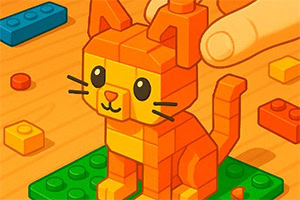 Un gato de bloques de construcción naranja con una base verde y una mano ajustando una pieza al fondo