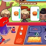 Cuatro personajes en un restaurante esperan hamburguesas y papas fritas mientras la comida se cocina en una parrilla ilustrativa