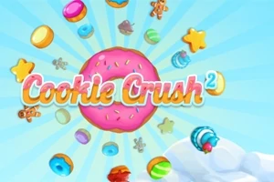 Donas y galletas coloridas sobre un fondo azul cielo con el título Cookie Crush 2 al frente