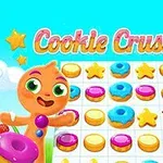 Dibujo colorido con galletas y dulces, incluyendo donas, estrellas y un personaje sonriente de jengibre en un tablero de puzzle