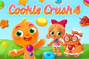 Personajes coloridos y alegres rodeados de galletas y caramelos en un paisaje verde, con el título Cookie Crush 4 en la parte superior