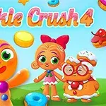 Personajes coloridos y alegres rodeados de galletas y caramelos en un paisaje verde, con el título Cookie Crush 4 en la parte superior