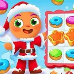Un personaje sonriente vestido de Santa Claus junto a un tablero de juego con donas y galletas en forma de estrella de colores brillantes