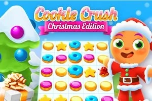 Árbol navideño decorado y figura sonriente vestida de Santa Claus junto a una cuadrícula con galletas de colores