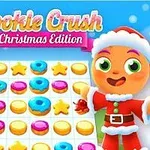 Árbol navideño decorado y figura sonriente vestida de Santa Claus junto a una cuadrícula con galletas de colores