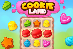 Coloridos postres y formas de galleta con un fondo vibrante y el título Cookie Land en la parte superior