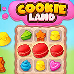 Coloridos postres y formas de galleta con un fondo vibrante y el título Cookie Land en la parte superior