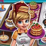 Personaje sonriente con una pila de panqueques, una estufa con sartenes y comida en una cocina animada