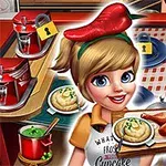 Una chef sonriente sostiene una charola con pollo y puré frente a una cocina con utensilios y alimentos en proceso de cocción