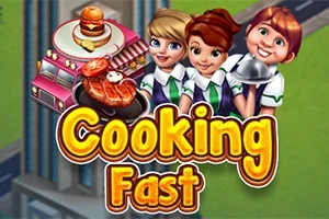 Tres personajes sonrientes en uniformes de cocina junto a un camión de comida rosa con platillos, con el texto Cooking Fast en el centro