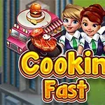 Tres personajes sonrientes en uniformes de cocina junto a un camión de comida rosa con platillos, con el texto Cooking Fast en el centro