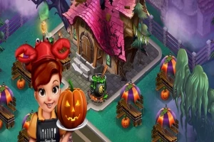 Personaje con sombrero rojo de cangrejo sosteniendo un plato con una calabaza tallada frente a una casa encantada con techo rosa y decoración de Halloween