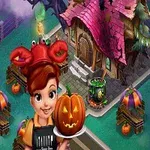 Personaje con sombrero rojo de cangrejo sosteniendo un plato con una calabaza tallada frente a una casa encantada con techo rosa y decoración de Halloween