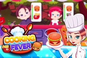 Chef animada sosteniendo una hamburguesa con fondo de clientes y elementos de comida rápida