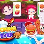 Chef animada sosteniendo una hamburguesa con fondo de clientes y elementos de comida rápida