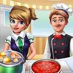 Una joven con camisa blanca y corbata verde y un chef con bigote y gorra blanca están en una cocina, rodeados de ollas con comida