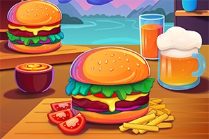 Hamburguesa con papas fritas y rodajas de tomate acompañada de un tarro de cerveza, jugo y un tazón de salsa en un entorno colorido con un lago de fondo