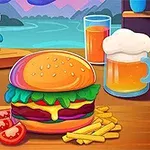 Hamburguesa con papas fritas y rodajas de tomate acompañada de un tarro de cerveza, jugo y un tazón de salsa en un entorno colorido con un lago de fondo