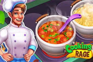 Chef sonriente junto a una olla con sopa de tomate y verduras, una cuchara morada y un tazón de pasta en una cocina colorida