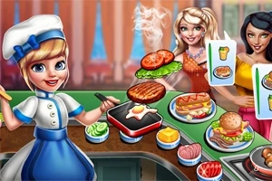 Una cocinera sonriendo prepara comida en una parrilla mientras dos mujeres hacen pedidos en un restaurante animado