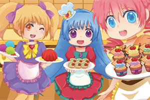 Tres personajes de anime sonrientes con delantales coloridos sosteniendo platos de postres en una cocina