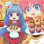 Tres personajes de anime sonrientes con delantales coloridos sosteniendo platos de postres en una cocina
