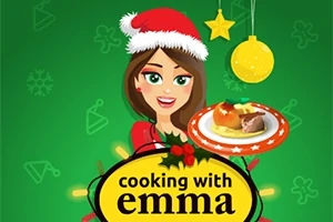 Mujer sonriente con gorro navideño sosteniendo un plato de comida frente a un fondo verde con decoraciones festivas