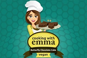 Una ilustración de una mujer con uniforme de chef, sosteniendo una charola con pastel en forma de mariposa, acompañada de un letrero que dice Cooking with Emma – Butterfly Chocolate Cake – Vegan