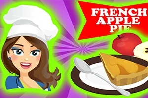 Ilustración de una chef sonriente con un sombrero de cocina, una rebanada de pastel de manzana en un plato y las palabras French Apple Pie sobre un fondo colorido