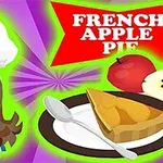 Ilustración de una chef sonriente con un sombrero de cocina, una rebanada de pastel de manzana en un plato y las palabras French Apple Pie sobre un fondo colorido