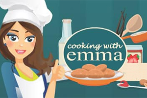 Mujer con gorro de chef sosteniendo un plato de croquetas delante de varios utensilios y ingredientes de cocina