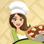 Mujer sonriente con gorro de chef sosteniendo una pizza con piña y albahaca sobre un fondo geométrico beige