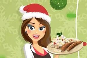 Mujer sonriente con gorro navideño sosteniendo un plato de comida festiva