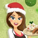 Mujer sonriente con gorro navideño sosteniendo un plato de comida festiva