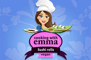 Chef caricaturesca con gorro blanco sostiene un plato de sushi vegano sobre un fondo azul con flores
