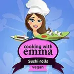 Chef caricaturesca con gorro blanco sostiene un plato de sushi vegano sobre un fondo azul con flores