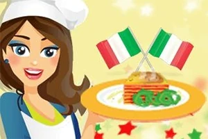 Una chef sonriente sostiene un plato de lasaña con dos banderas italianas cruzadas al fondo