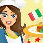 Una chef sonriente sostiene un plato de lasaña con dos banderas italianas cruzadas al fondo