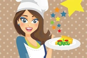 Mujer con sombrero de chef sosteniendo un plato con una rebanada de pastel y estrellas de colores flotando alrededor