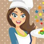 Mujer con sombrero de chef sosteniendo un plato con una rebanada de pastel y estrellas de colores flotando alrededor
