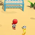 Jugador de fútbol en caricatura con uniforme blanco y negro frente a una portería azul en la arena, pateando un balón en llamas
