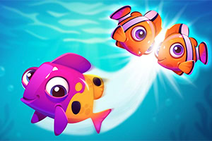 Peces animados brillantes y coloridos nadando en un fondo acuático azul