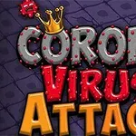 Letras grandes y coloridas con textura de virus y una corona en la letra C, acompañadas de criaturas similares a virus en un fondo oscuro con patrones geométricos