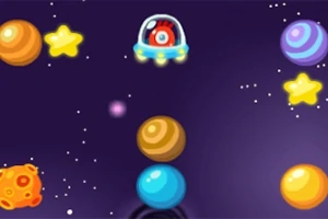 Un pequeño platillo volador con un ojo rojo flota entre planetas coloridos y estrellas brillantes en el espacio