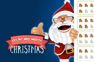 Santa Claus sonriente con gafas y pulgar arriba, junto a un texto que dice Count and Match Christmas en un fondo azul