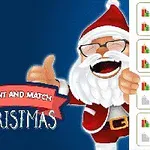 Santa Claus sonriente con gafas y pulgar arriba, junto a un texto que dice Count and Match Christmas en un fondo azul