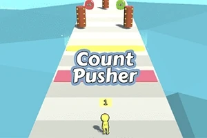 Un personaje amarillo pequeño en un camino con obstáculos y texto que dice Count Pusher