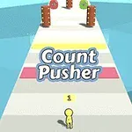 Un personaje amarillo pequeño en un camino con obstáculos y texto que dice Count Pusher
